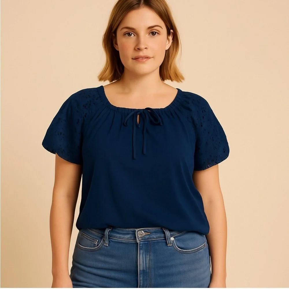 J. Crew Navy Blouse with Puff Sleeves Size M
